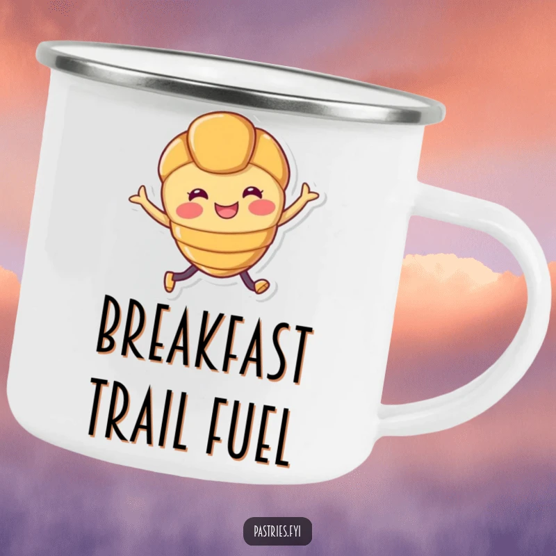 Funny camping mug featuring a smiling croissant character with legs joyfully leaping, ready for outdoor fun.