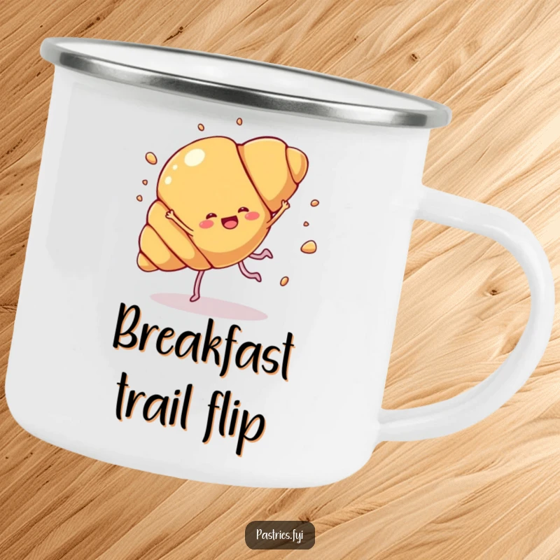 Funny croissant cartwheel camping mug with a croissant character doing a joyful cartwheel with flakes flying, ideal for outdoor beverages humorously.