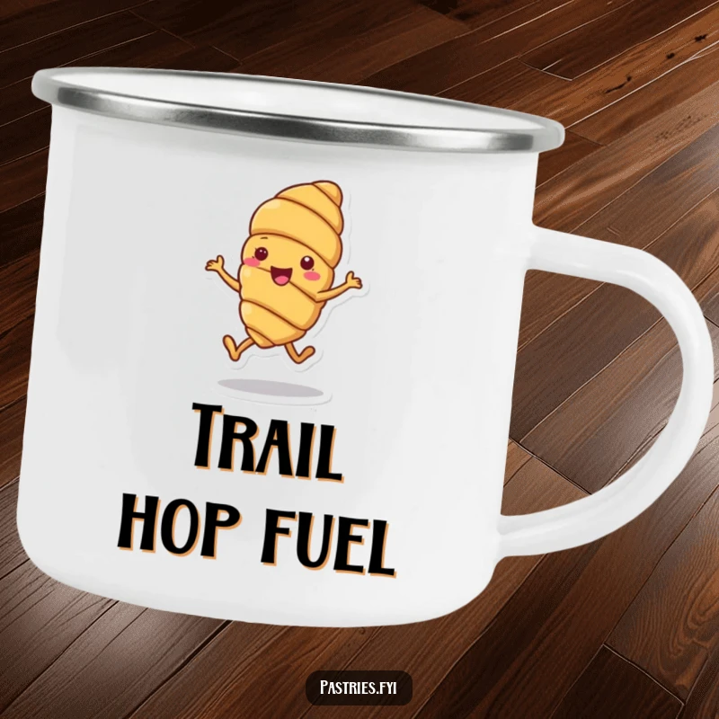 Funny camping mug with a cheerful croissant character doing a joyful little hop, perfect for outdoor enjoyment and starting the day right.
