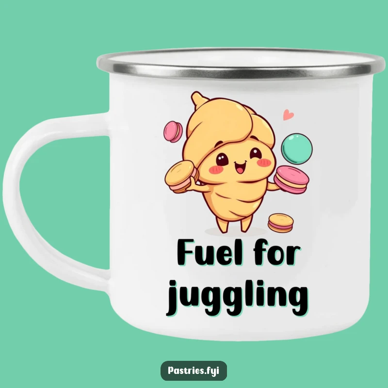 Funny Croissant Juggling Macarons Camping Mug: Adventure Fuelled by Pastry Laughs