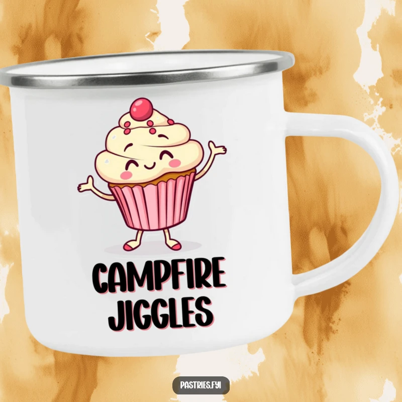 Funny Camping Mug with a happy cupcake character doing a silly jig, ready for outdoor adventures and warm beverages.