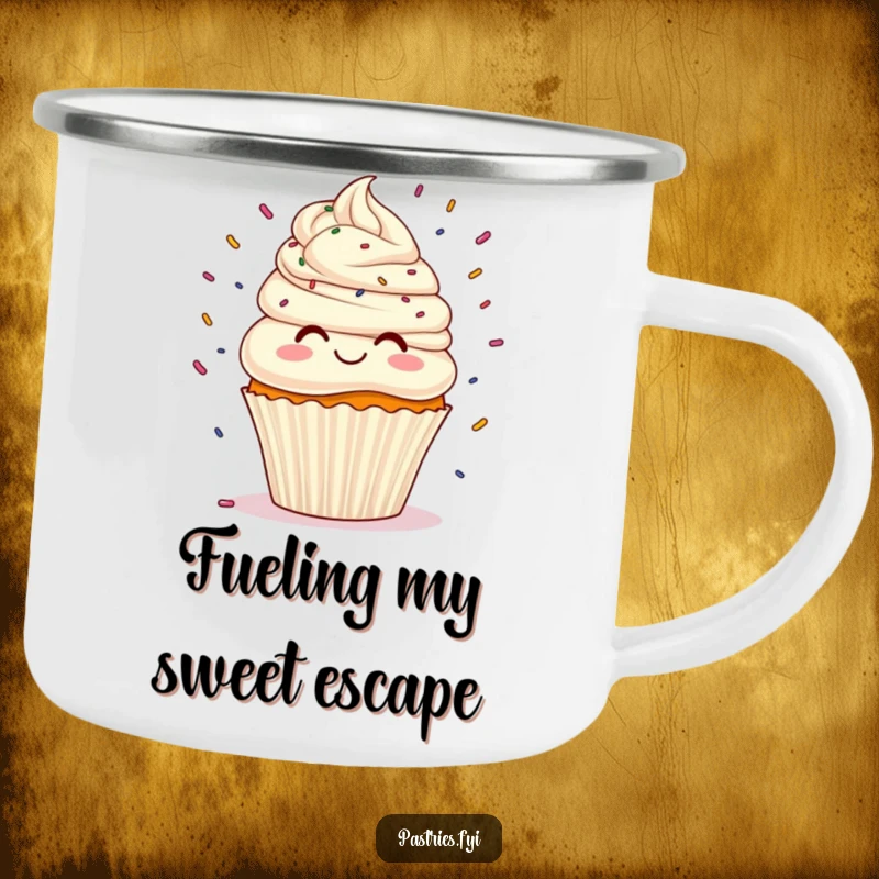 Funny enamel camping mug featuring a cupcake juggling sprinkles, designed for outdoor adventures and humor.