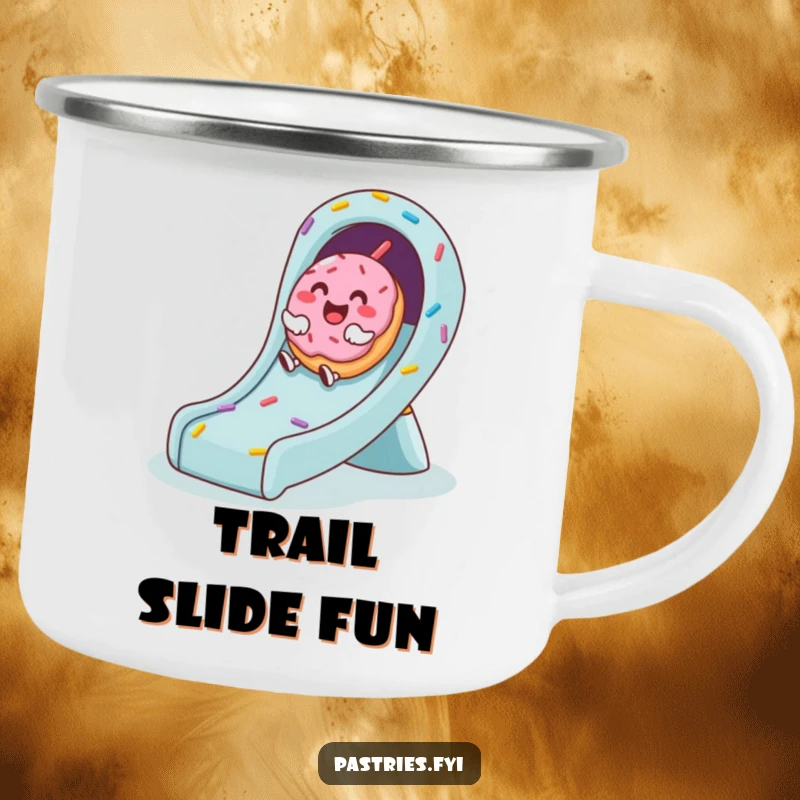 Funny camping mug showing a cute donut character giggling as it slides down a colorful sprinkle slide, ideal for outdoor drinks.
