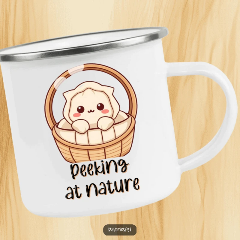 Funny dumpling camping mug with a Kawaii character peeking curiously, ready for outdoor adventures and smiles.