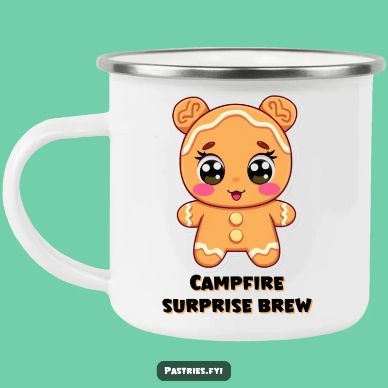 Funny Gingerbread Camping Mug: Surprised Cookie Wide Eyes Adventures