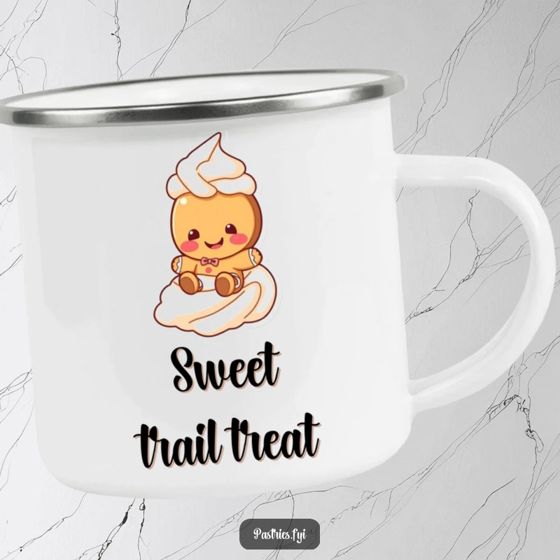 Funny gingerbread cookie camping mug with a giggling cookie character sliding down a frosting swirl, ideal for holiday beverages outdoors humorously.