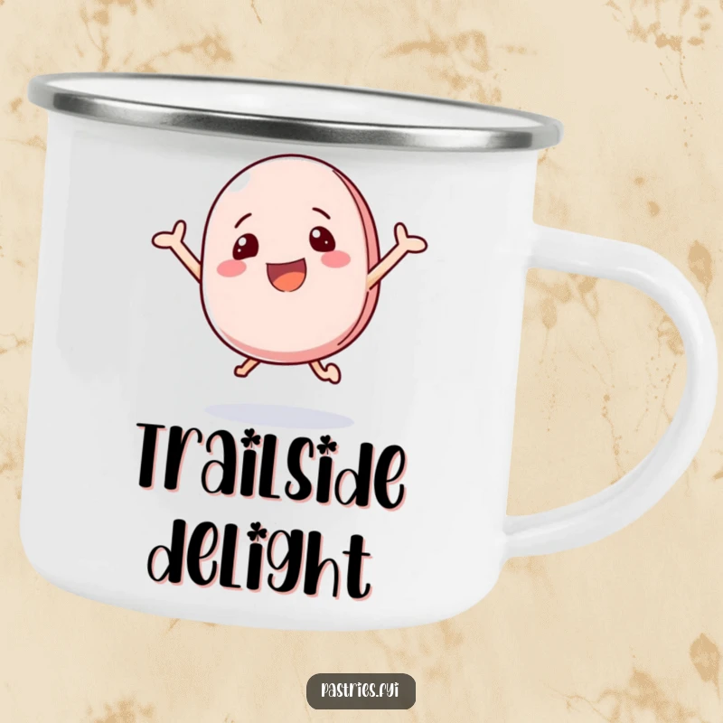 Funny camping mug featuring a happy macaron character bouncing with excitement, ready for outdoor enjoyment.