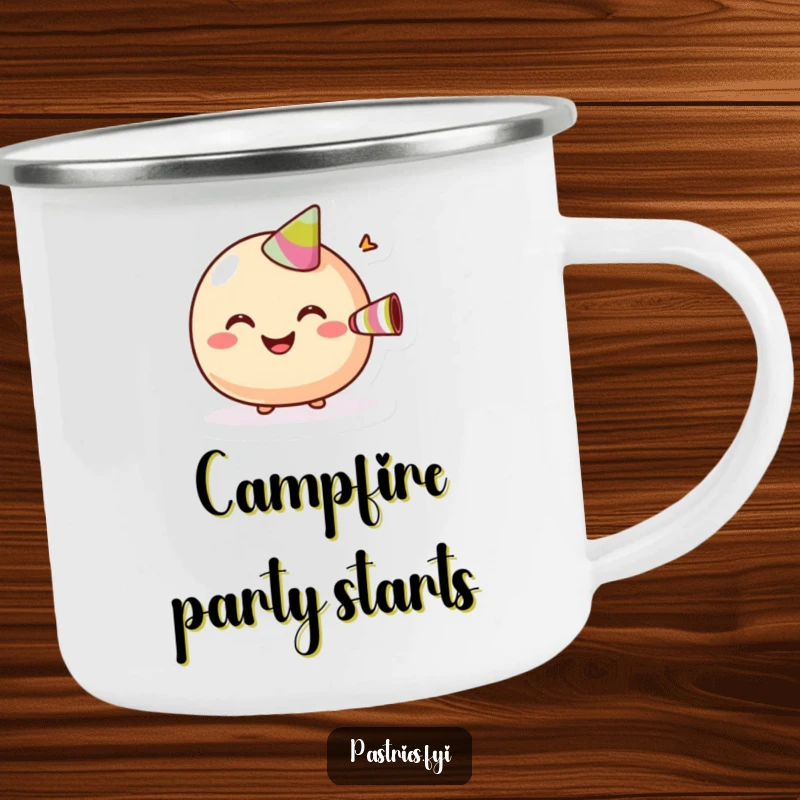 Funny Camping Mug showing a giggling macaroon with a big smile, blowing a tiny party horn in the wild.