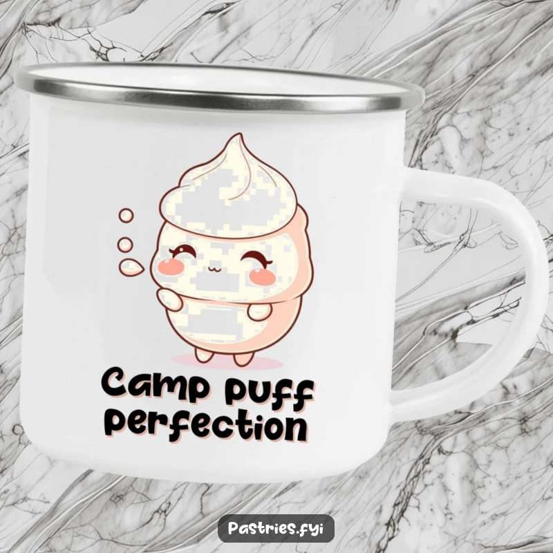 Funny meringue camping mug showing a shy character puffing air, perfect for outdoor enjoyment and delicate charm.