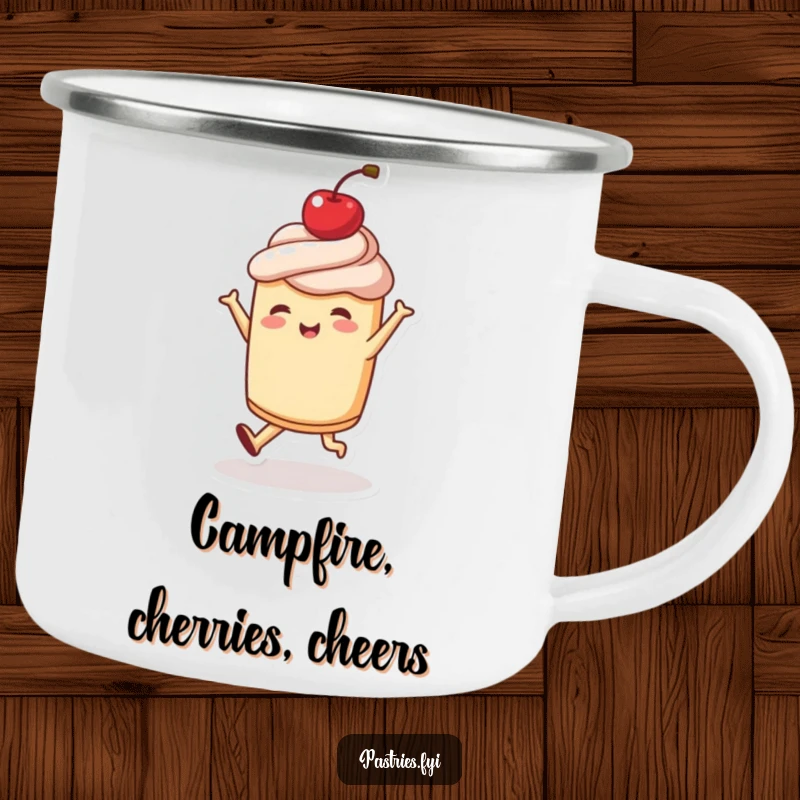 Funny camping mug showing a joyful pastry character dancing with a cherry on top, perfect for outdoor trips, a humorous gift.