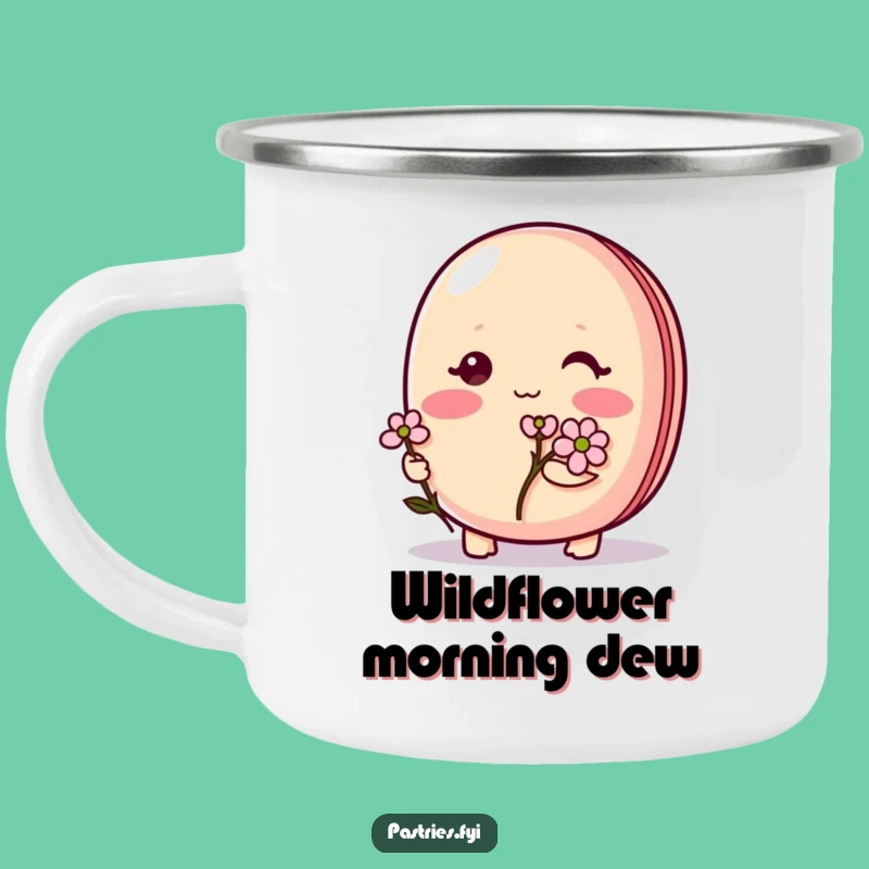 Funny Shy Macaron Camping Mug: Blushing character w/ flower, perfect outdoor funny gift.