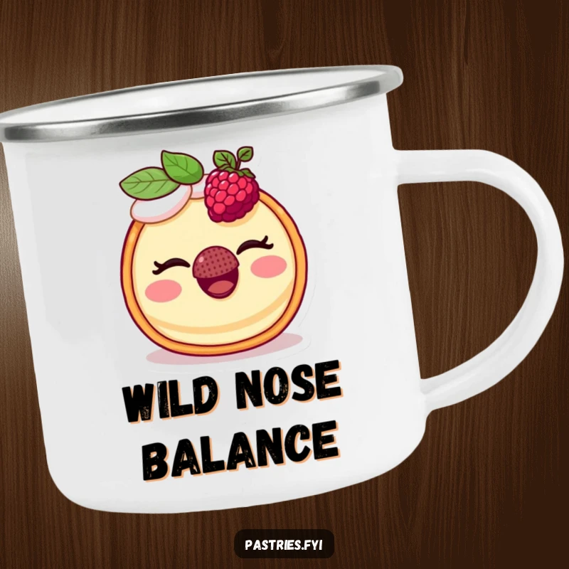 Funny camping mug featuring a winking tart balancing a raspberry on its nose, bringing humor to outdoor beverages.