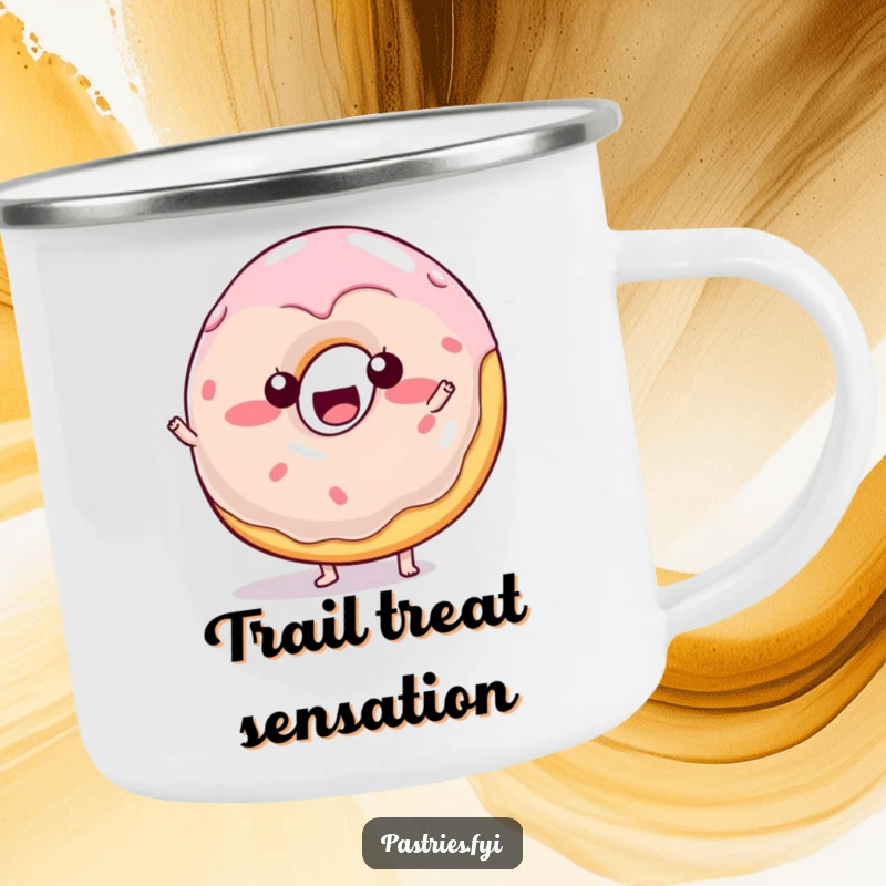 Funny wobbly jelly donut character camping mug, perfect for enjoying beverages during outdoor adventures.