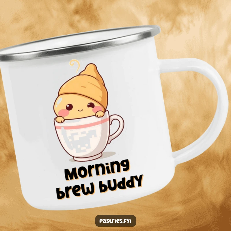 Funny blushing croissant character peeking from behind a steaming coffee cup on a durable camping mug, ready for cozy outdoor moments.