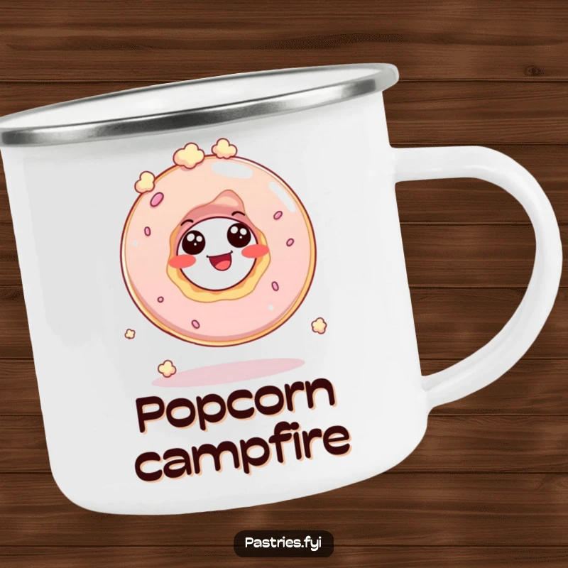 Funny camping mug with a giggling donut hole character bouncing like popcorn, perfect for outdoor enjoyment and cheerful moments.