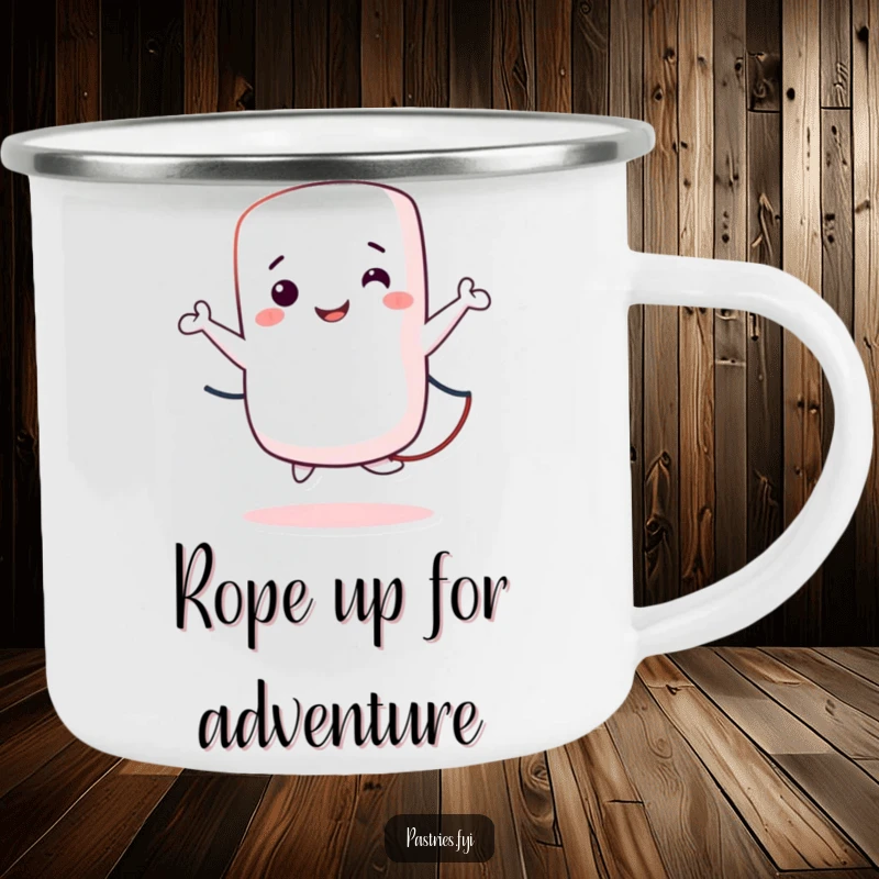 Funny Camping Mug featuring a joyful marshmallow character jumping rope, ready for outdoor adventures and hot beverages.