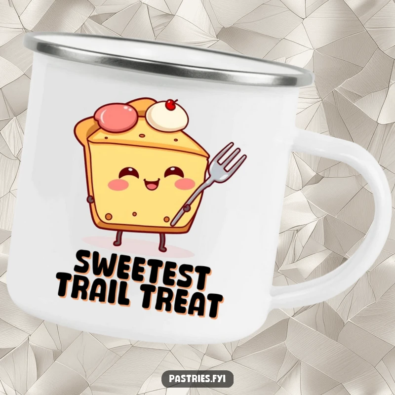 Funny pie slice character camping mug, giggling hysterically with a fork stuck in its side, perfect for outdoor laughs and warm drinks.