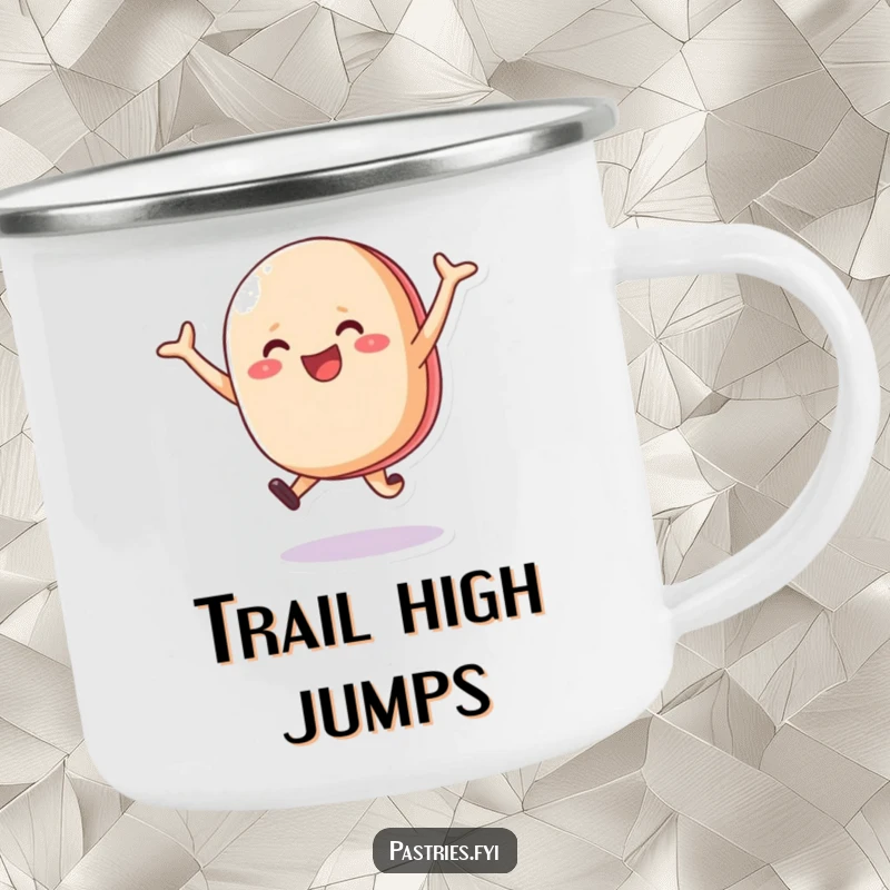 Funny happy macaron character leaping joyfully on a sturdy camping mug, ideal for cheerful outdoor sipping.