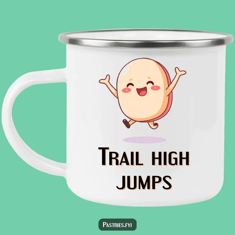 Funny Macaron Camping Mug: Durable & Cheerful Leaping Dessert Drinkware