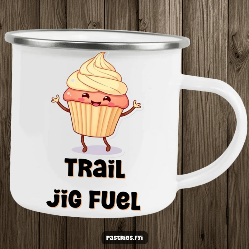 Funny cupcake character with legs performing a spirited jig on a sturdy camping mug, ready for outdoor adventures and laughs.
