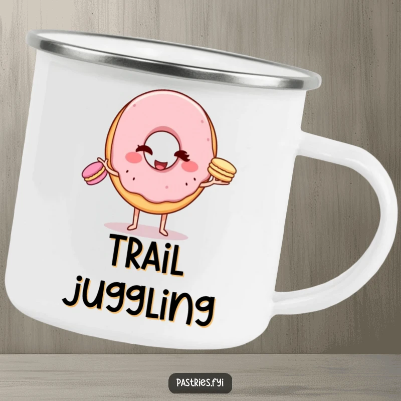Funny Camping Mug: A winking donut character skillfully juggling three tiny macarons, perfect for outdoor fun and witty conversations.