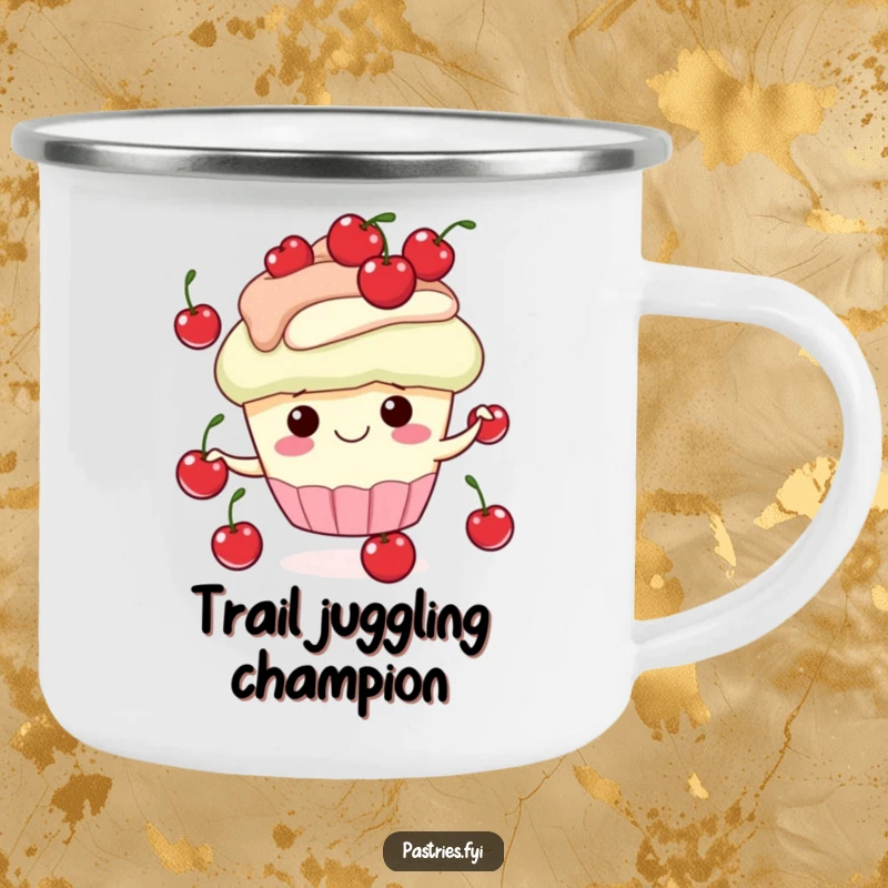 Funny camping mug with a smiling cupcake character juggling cherries, ready for outdoor adventures and hot beverages.