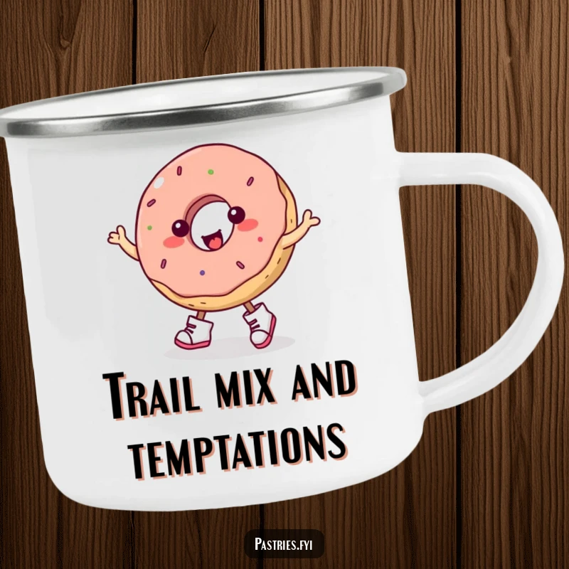 Funny donut wearing small boots, mid-jig, featured on a durable enamel camping mug for outdoor adventures.