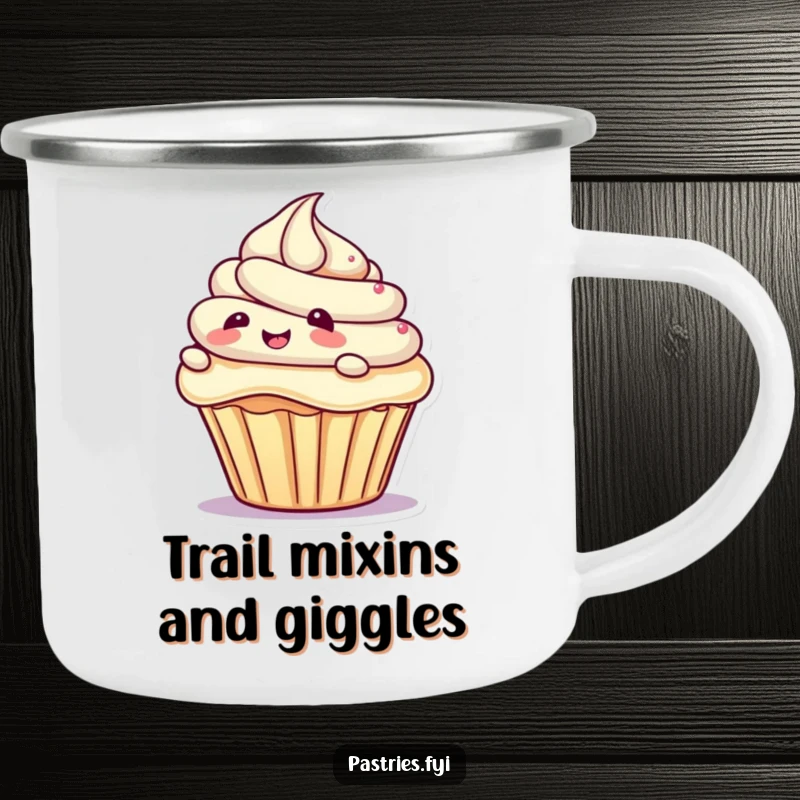 Funny camping mug showing a giggling cupcake character sliding on frosting, perfect for outdoor adventures, a humorous and sweet gift.