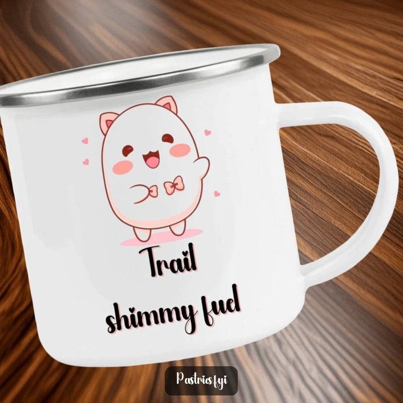Funny Mochi Camping Mug: A rugged mug showing a mochi character shimmying adorably with small bowties.