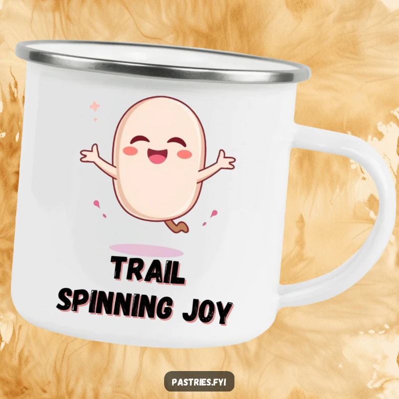 Funny macaron character pirouetting with a sugary trail, designed for a durable camping mug. Perfect for on-the-go whimsy.