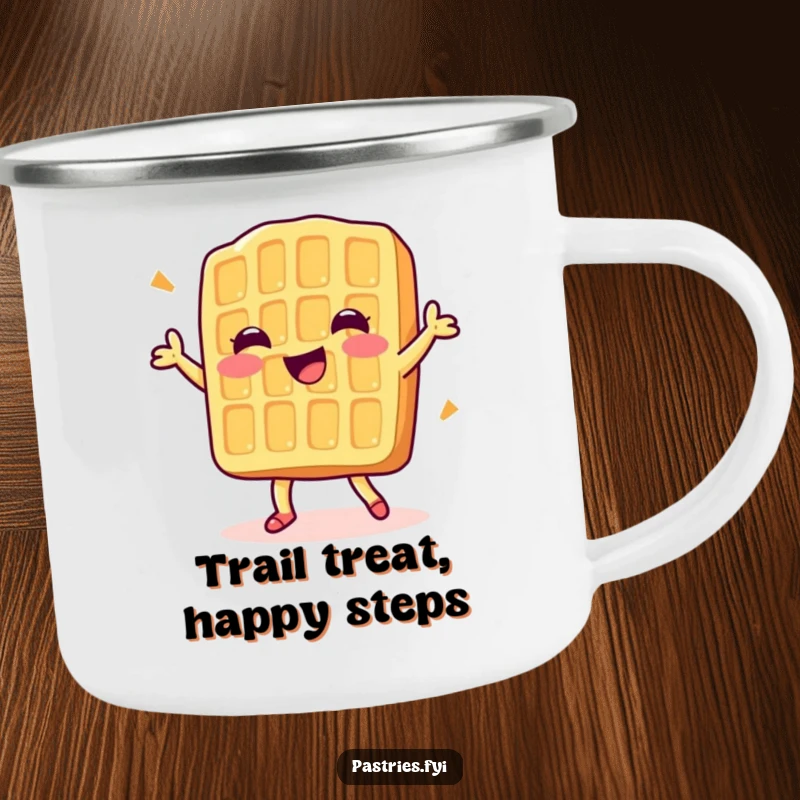 Funny camping mug featuring a delighted waffle character doing a happy dance, perfect for outdoor breakfast smiles.
