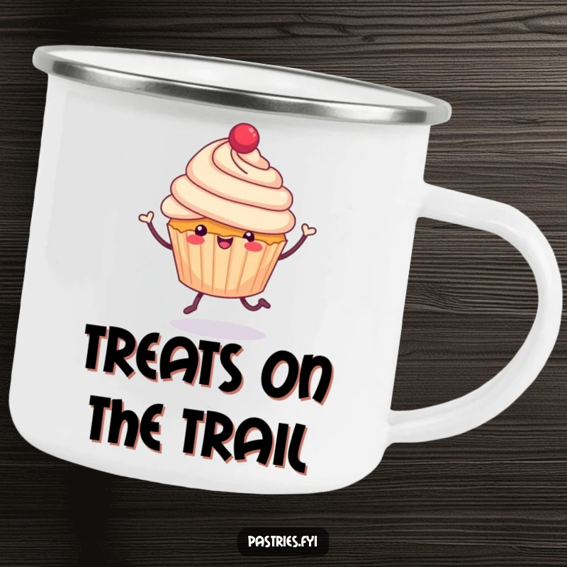 Funny cheerful cupcake with tiny legs, jubilantly hopping on a camping mug, ideal for outdoor enjoyment and adding sweet humor, a funny gift.