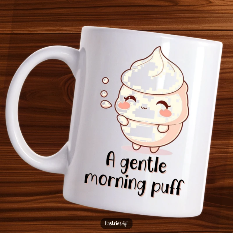 Funny meringue mug with a shy character gently puffing air, conveying delicate sweetness and quiet humor.
