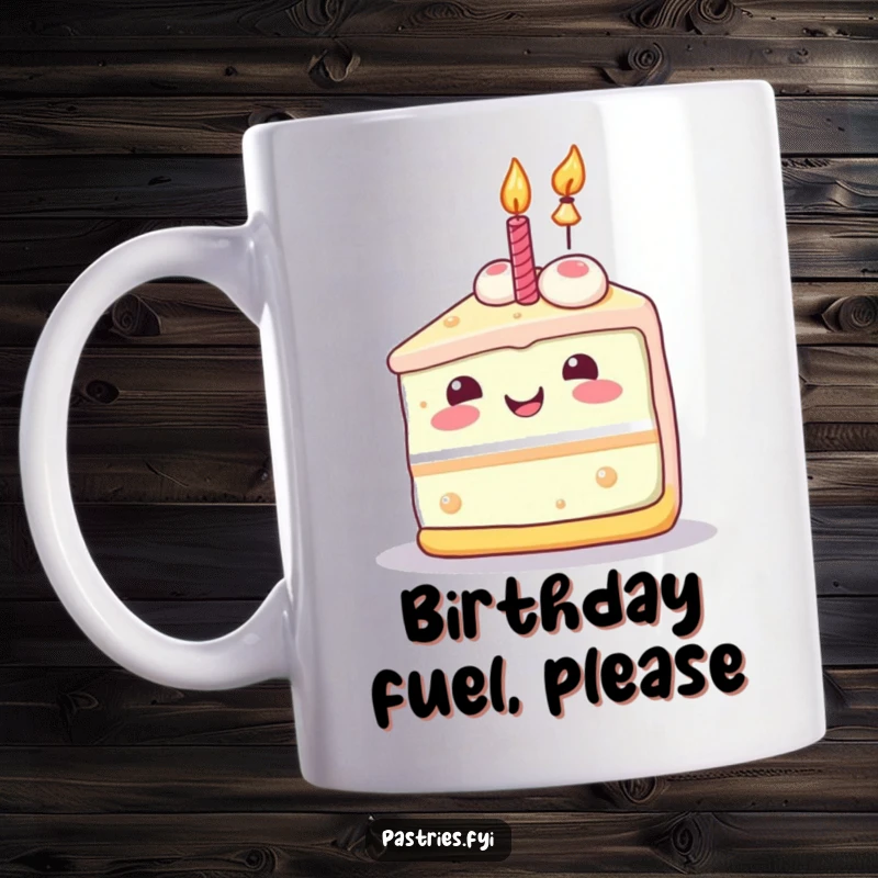 Funny cake slice mug with a joyful Kawaii character and a lit candle, radiating pure celebration.