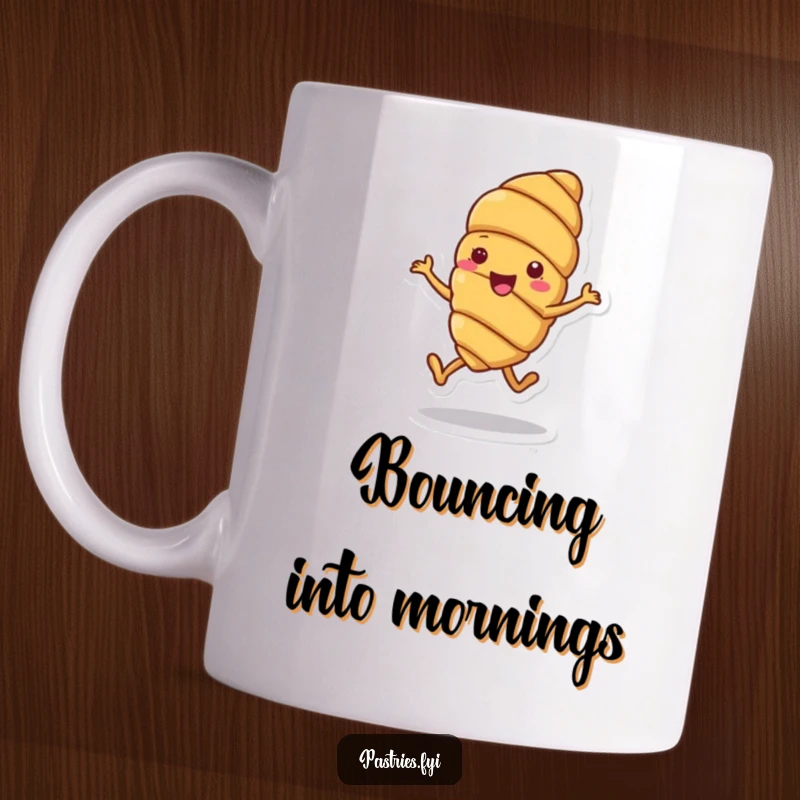 Funny mug showcasing a cheerful croissant character mid-hop, exuding pure joy and delightful bounciness.