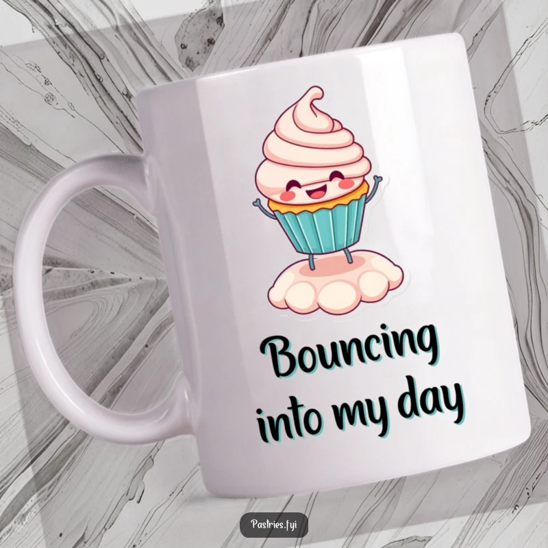 Funny smiling cupcake character happily bouncing on its colorful frosting, depicted on this cheerful mug.