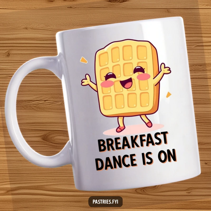 Funny mug with a delighted waffle character cheerfully doing a happy little dance, full of breakfast joy.