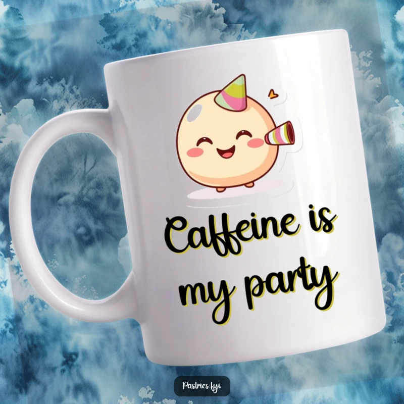 Funny Mug featuring a giggling macaroon with a wide grin, blowing a tiny party horn with glee.