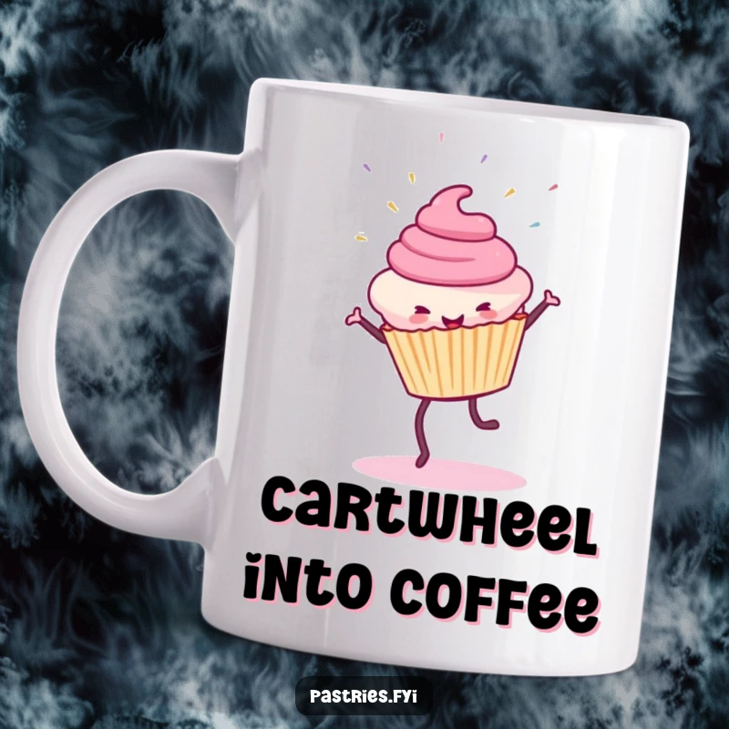 Funny Cupcake Mug: A smiling cupcake character performs a cartwheel with colorful sprinkles flying everywhere.