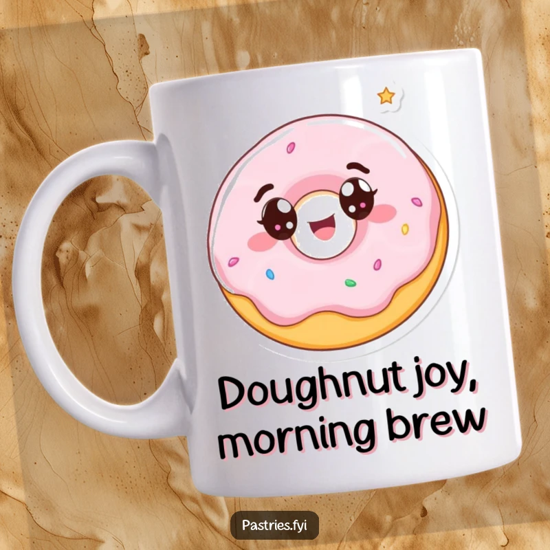 Funny mug featuring a wide-eyed donut character joyfully spinning with delight, embodying pure, sugary happiness.