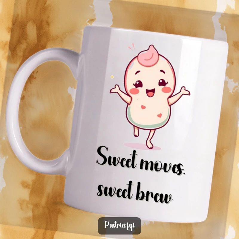 Funny mug featuring a cheerful candy character doing a silly, energetic jig with happy eyes and a big smile.