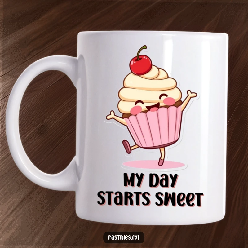 Funny cartwheeling cupcake character mug, smiling brightly with a cherry on top, mid-cartwheel, full of energy.