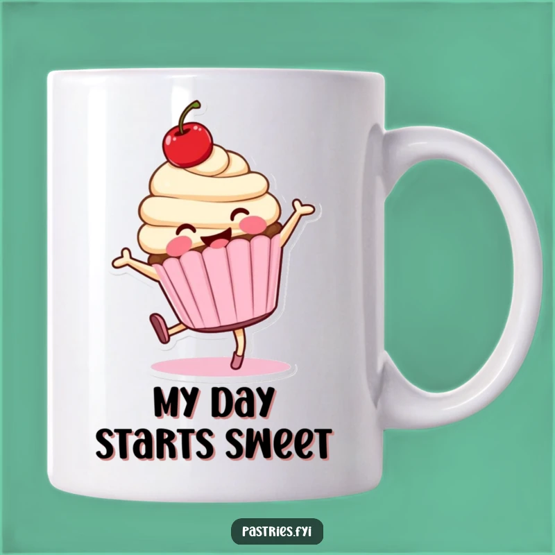 Funny Cartwheeling Cupcake Mug: Smiling Cherry Character for an Energetic, Hilarious Gift
