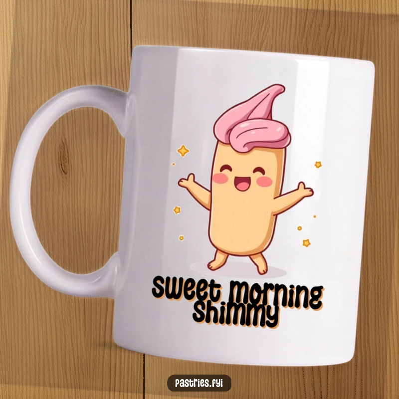 Funny churro mug with a delighted character shimmying and covered in cinnamon sugar, radiating pure joy.