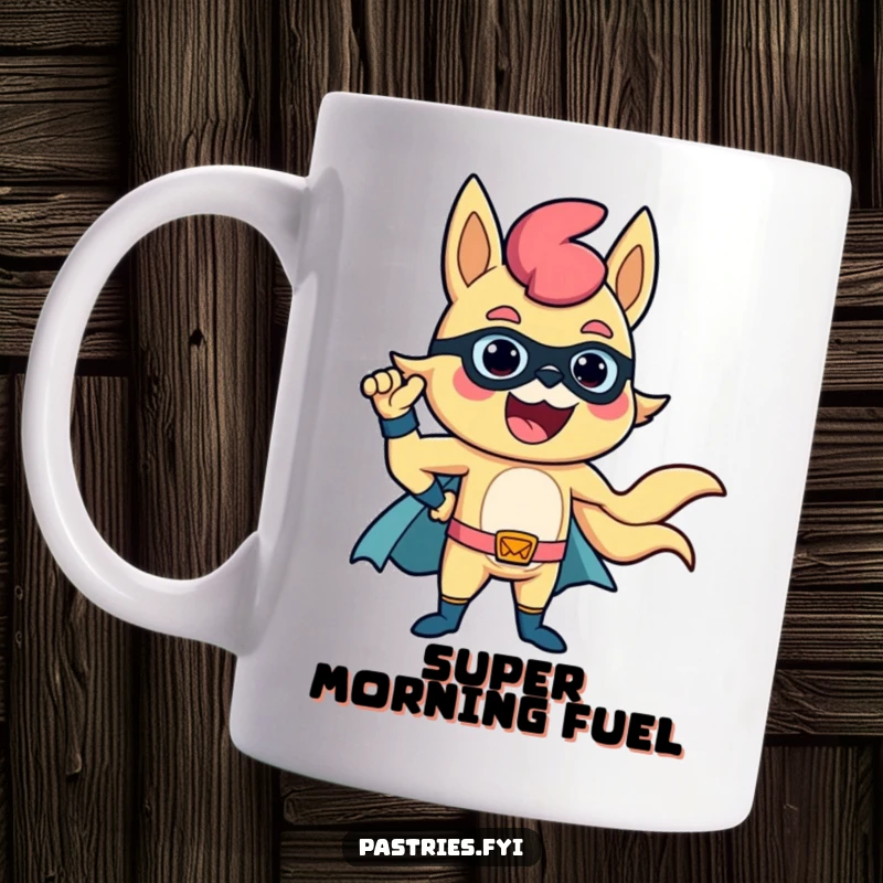 Funny Churro Mug: A delighted churro character posing heroically with a confident, happy expression.