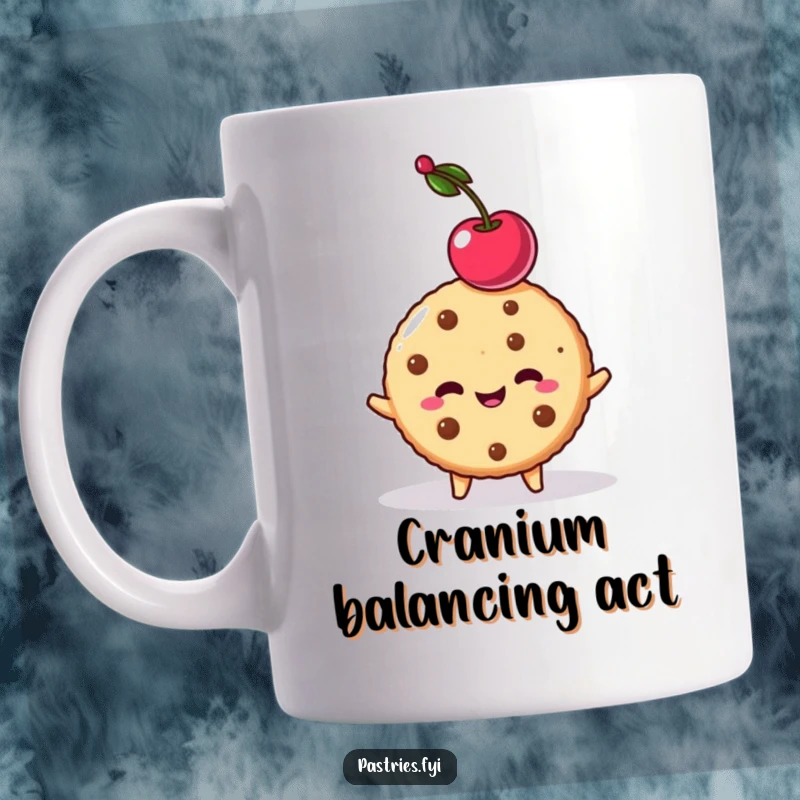 Funny cookie character mug balancing a cherry on its head, looking mischievous. A delightful and humorous gift idea.