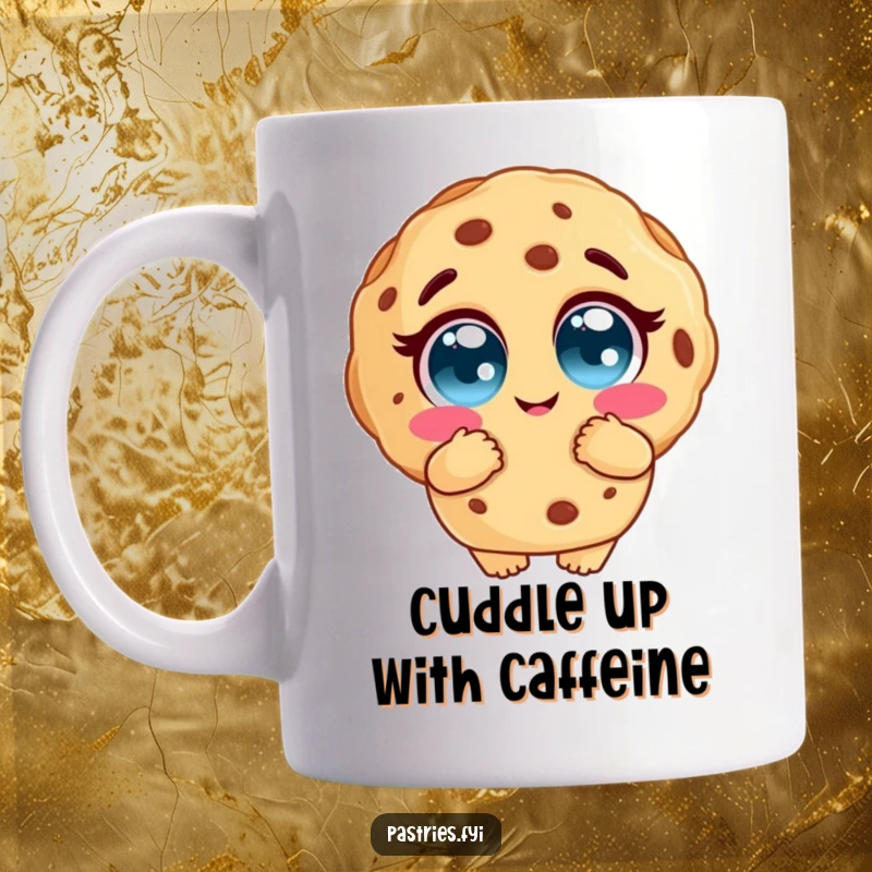 Funny cookie mug featuring a round cookie character with huge, loving eyes offering a warm embrace, symbolizing comfort and sweetness.