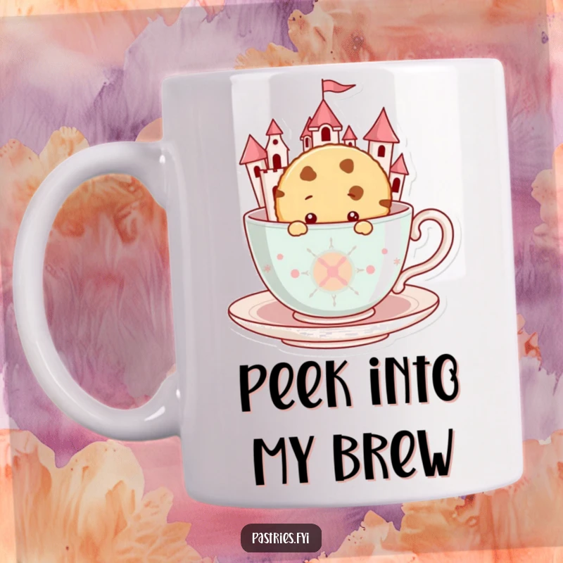 Funny Cookie Mug: A curious cookie character peeks out from the walls of a giant teacup castle.