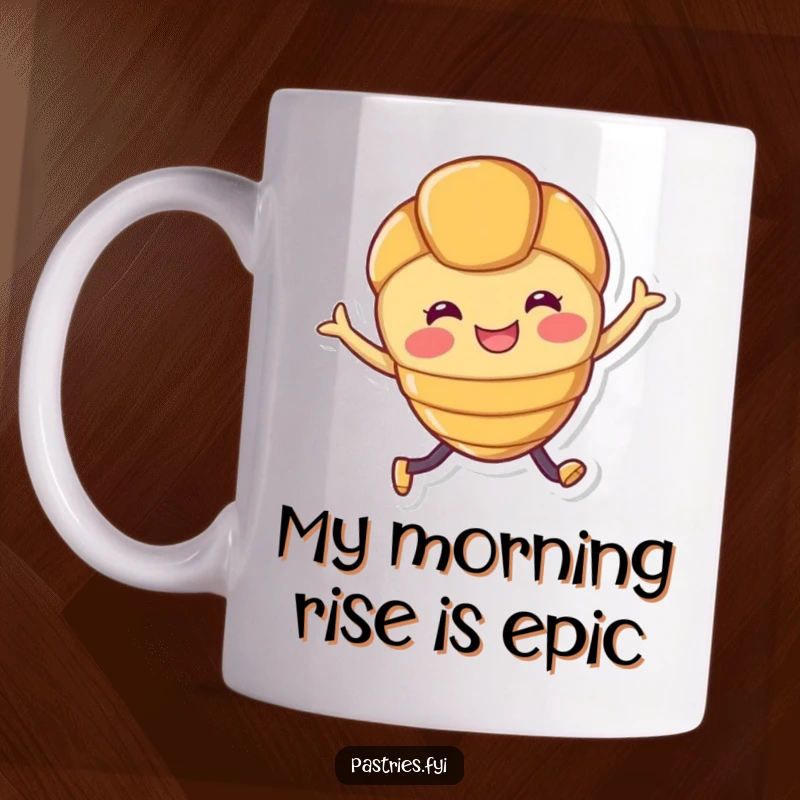 Funny mug featuring a smiling croissant character with legs joyfully leaping, celebrating a happy morning moment.