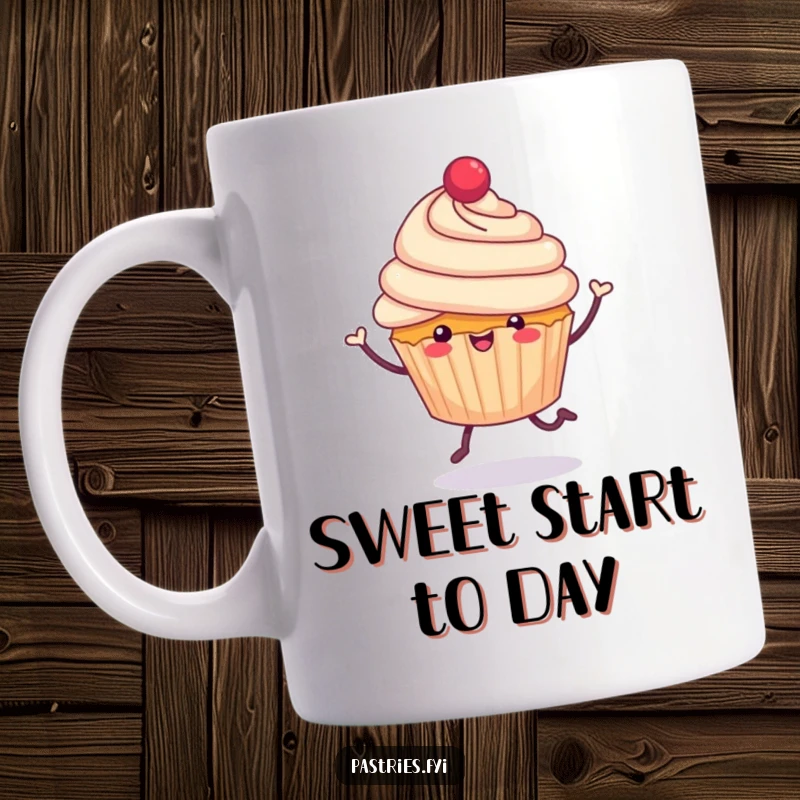 Funny cheerful cupcake with tiny legs, doing a jubilant hop on a mug, embodying sweet energy and happiness, a great funny gift.